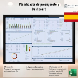 May include: A digital dashboard displaying financial data, including charts and tables. The screen shows the text "Planificador de presupuesto y Dashboard" and instructions in Spanish. The image also includes the logo for Kalinlabs and the Spanish flag.