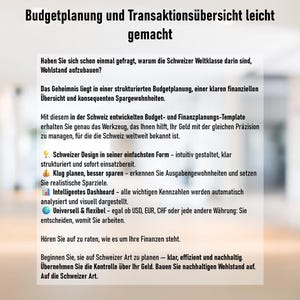 May include: A white graphic with black text promoting a budget planning tool. The text includes phrases like "Budget Planning" and "Swiss Design." The graphic also mentions features like an intelligent dashboard and flexible currency options.