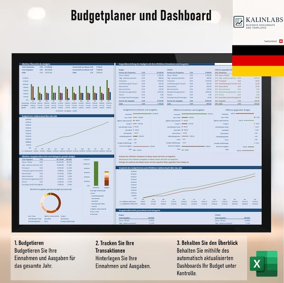 Haushaltsbuch Excel Vorlage Deutsch – Budgetplaner Monat & Jahr + Dashboard – Einnahmen Ausgaben Tracker