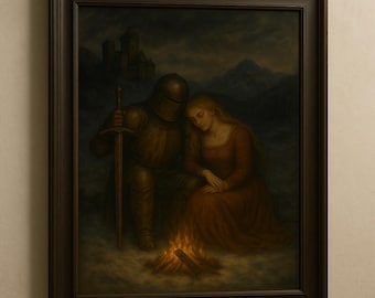Mittelalterliche Fantasy Fantasy Wandkunst zum Ausdrucken – Knight & Princess by Firelight
