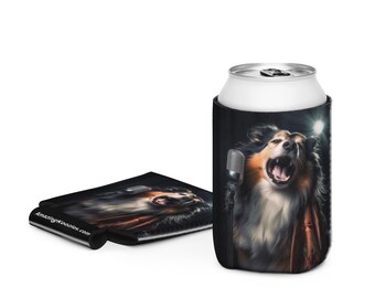 May include: A black can cooler featuring a dog with its mouth open, singing into a microphone. The dog has brown, black, and white fur. A matching flat koozie is next to the can cooler. The website AmazingKoozies.com is printed on the flat koozie.