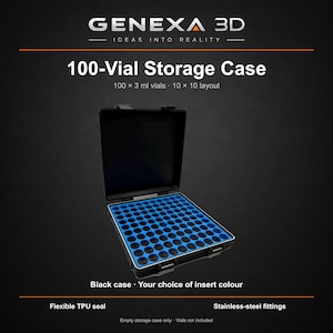 May include: A black 100-vial storage case by Genexa 3D with a 10x10 layout for 3 ml vials. The case features a bright blue interior insert, a flexible TPU seal, and stainless-steel fittings. The text reads Genexa 3D Ideas Into Reality 100-Vial Storage Case.