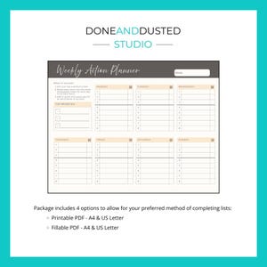 May include: A weekly action planner with a neutral color scheme. The planner includes sections for each day of the week, with space for tasks and priorities. The text "DONEANDDUSTED STUDIO" is at the top. The package includes printable and fillable PDF options.