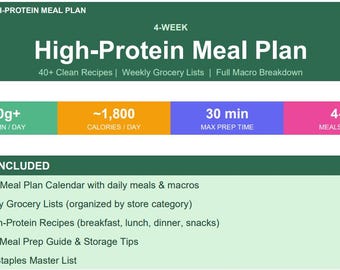 Plan de alimentación de 4 semanas con alto contenido proteico / Más de 40 recetas, lista de la compra y registro de macronutrientes / Descarga instantánea en PDF