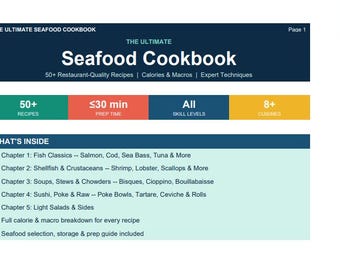 El libro de cocina definitivo de mariscos / Más de 50 recetas de calidad de restaurante / Calorías, macronutrientes e instrucciones paso a paso / Descarga instantánea en PDF
