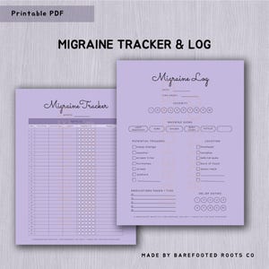 May include: Two printable PDF pages with the text "Migraine Tracker & Log". The pages are light purple with black text. One page is a tracker with columns for tracking symptoms. The other page is a log for recording details.