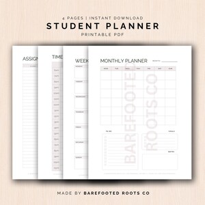 May include: A student planner available as a printable PDF, featuring sections for assignments, time management, weekly and monthly planning, and a to-do list. The design is minimalist, with a clean layout across four pages.
