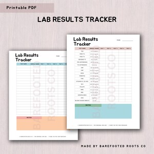 Puede incluir: Dos hojas PDF imprimibles "Lab Results Tracker". Las hojas tienen un fondo beige claro con un bloque de color turquesa y melocotón en la parte inferior. El texto "Lab Results Tracker" está en la parte superior.