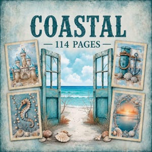 May include: A book cover titled COASTAL 114 PAGES featuring a central image of an open teal door looking out onto a beach and ocean. Four framed illustrations surround the door, depicting a sandcastle, a seahorse, an anchor, and a sunset.