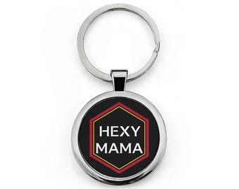 Hexy Mama Black Hexagon Round Stainless Steel Keychain Cute Hexagon Logo Keyring Gift for Moms