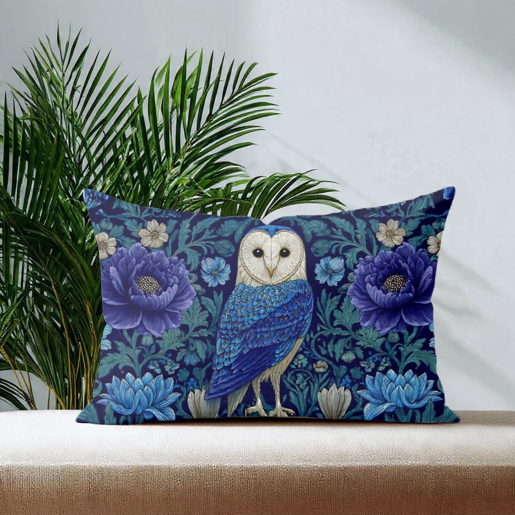 Barn Owl Lumbar Pillow with Insert, Whimsigoth Decor, Navy Blue Botanical Cushion, Owl Lover Gift, F