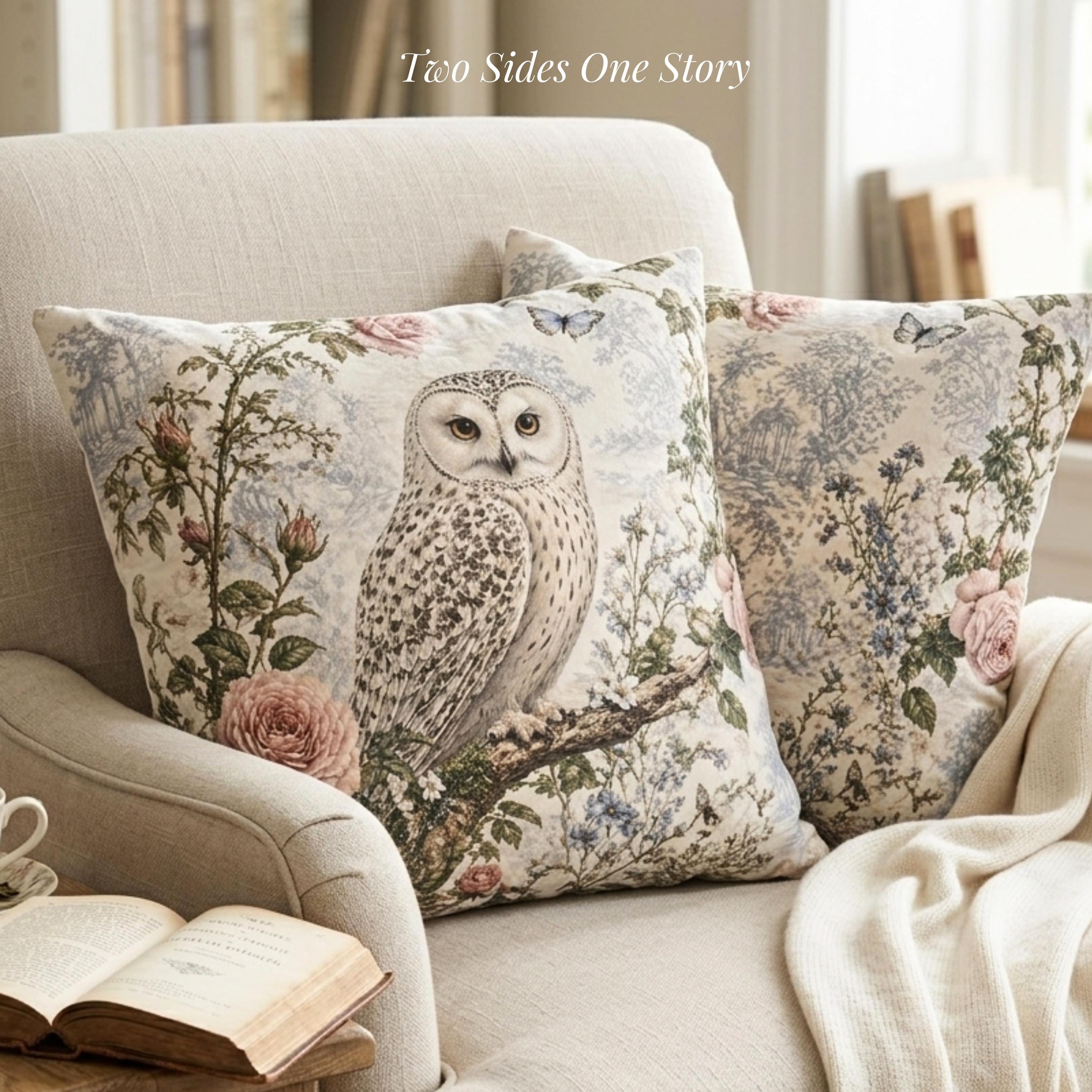 Owl Lover Pillow Cover, Vintage Toile Floral Cushion, Cottagecore Owl Decor, Double Sided Botanical 