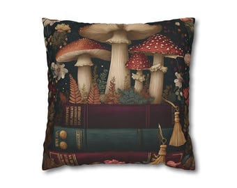 Personalized Mushroom Pillow Cover, Custom Name Pillow, Book Lover Gift , Goblincore Dark Cottagecore,Reading Nook Dark Academia Decor