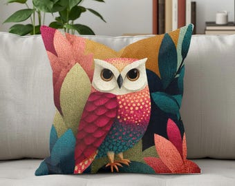 Colorful Owl Pillow with Insert, Bohemian Throw Pillow, Tropical Bird Cushion, Maximalist Home Decor, Eclectic Living Room Gift, 14"x14"