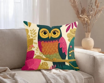 Funda de almohada de búho, estilo cottagecore, diseño botánico, regalo caprichoso para amantes de los búhos, decoración bohemia de búhos para el hogar, arte popular, regalo para observadores de aves, funda de cojín