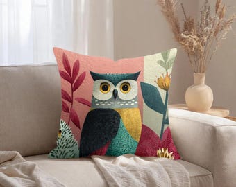 Modern Owl Throw Pillow with Insert, Decorative Sofa Cushion, Owl Pillow, Living Room Decor, Whimsigoth Decor, Unique Gift for Owl Lovers