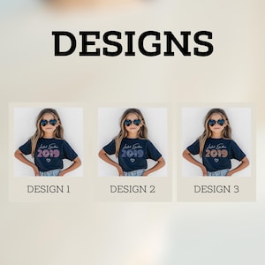 Pu&ograve; includere: Tre magliette blu scuro con il testo Limited Edition 2019 e un piccolo cuore grafico. Le magliette sono visualizzate in una griglia etichettata Design 1, Design 2 e Design 3, con la parola DESIGNS centrata nella parte superiore dell'immagine.