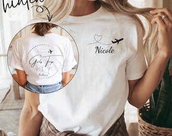 Malle Shirt Personalisiert mit Name, Party T-Shirt für JGA, Mädelsstrip Shirts, Abschlussfahrt Frauen Shirt, Mallorca Urlaub, Gruppenshirt