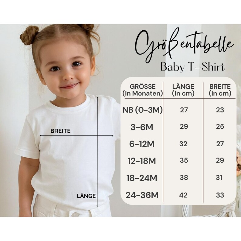 May include: A young child wearing a white t-shirt, with a size chart labeled "Baby T-Shirt" in German. The chart shows measurements in centimeters for length and width, with sizes ranging from newborn to 24-36 months.