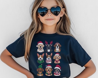 Kinder T-Shirt mit Weihnachtshunden, Hunde Shirt Weihnachten für Jungen und Mädchen, Geschenk für Kinder mit Hundemotiv zu Weihnachten