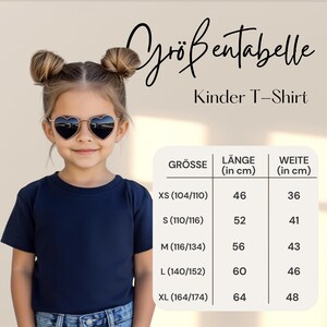 May include: A size chart for a child's t-shirt titled Gr&ouml;&szlig;entabelle Kinder T-Shirt. The chart lists sizes XS through XL with corresponding length and width measurements in centimeters, ranging from 46 to 64 cm in length and 36 to 48 cm in width.