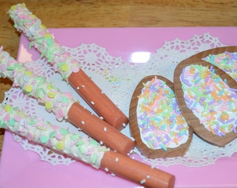 Easter Wood Cookies Set of 3 Vanilla Frosted  with Pastel Rainbow Sprinkles (cookies only)