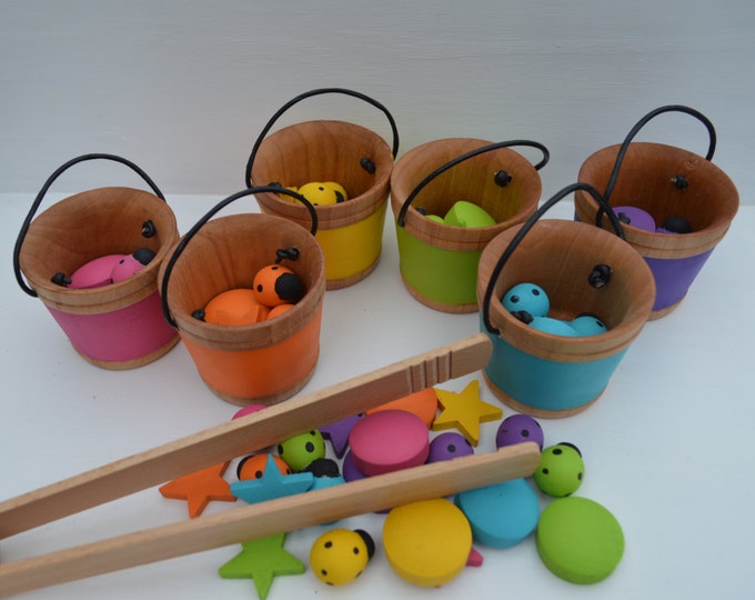 Rainbow Sorting Buckets Montessori Inspired Sensory Wooden Toy Etsy