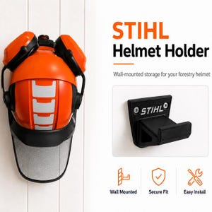Puede incluir: Un casco forestal de color naranja brillante con orejeras negras y una visera de malla gris, junto con un soporte de pared negro STIHL. El texto dice STIHL Helmet Holder, Wall-mounted storage for your forestry helmet, Secure Fit, Easy Install.