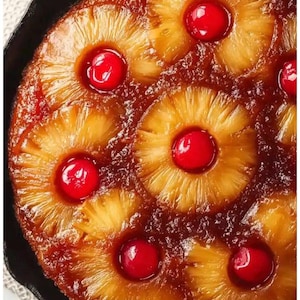 Può includere: Primo piano di una torta rovesciata all'ananas in una padella di ghisa. La torta presenta anelli di ananas dorati con ciliegie rosse brillanti al centro. La torta ha un aspetto caramellato e lucido.