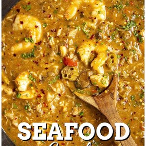 May include: A thick, golden-brown seafood gumbo in a dark pan, featuring visible shrimp, sliced okra, and herbs. A wooden spoon rests in the stew. The text SEAFOOD Gumbo is overlaid in white and black lettering at the bottom of the image.