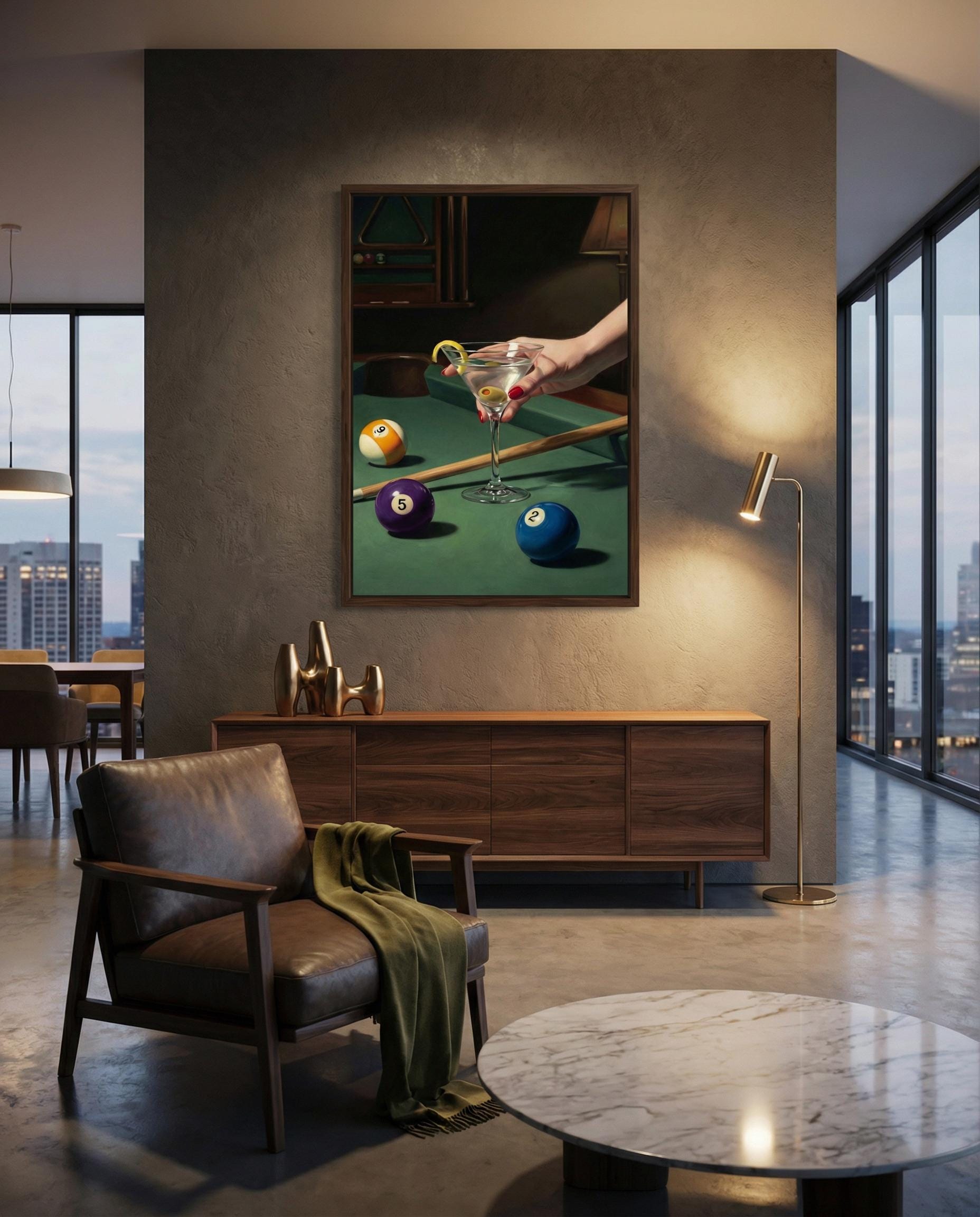 Pooltableart Retro Pool Table Art Print | Glamour Nightlife Decor | Martini Olive ...