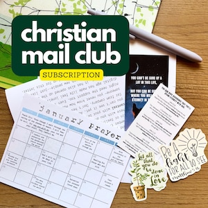 May include: A collection of stationery items, including a calendar, stickers, and cards, with religious themes. The phrase "Christian Mail Club" is displayed on a green background, with the word "Subscription" in yellow. The calendar is for January.