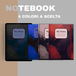Può includere: Quaderni con disegni astratti ad acquerello nei toni del blu, rosso e nero. Ogni quaderno ha un'etichetta con la scritta "My Notes". I testi "NOTEBOOK" e "4 COLORI A SCELTA" sono visibili.