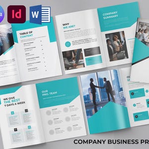 May include: A collection of open brochures and documents with a teal and white color scheme. The documents include the text "TABLE OF CONTENT", "COMPANY SUMMARY", "WE GIVE THE BEST 7 DAYS A WEEK", and "COMPANY BUSINESS PROFILE". Software icons for Canva, Adobe InDesign, and Microsoft Word are in the upper left.