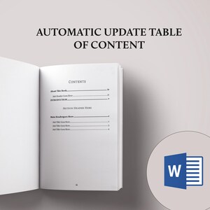 May include: An open book with the title "AUTOMATIC UPDATE TABLE OF CONTENT" at the top. The book's contents page includes headers and page numbers. A Microsoft Word logo is in the bottom right corner.