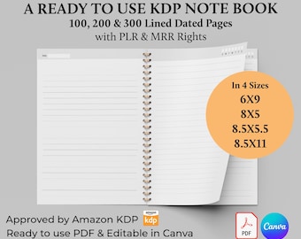 KDP Interior 100, 200, 300 Lined journal date pages, Canva Editable, Ready To Upload Pdf, 4 Sizes 6x9, 8.5x11, 5x8 with PLR & MRR Rights