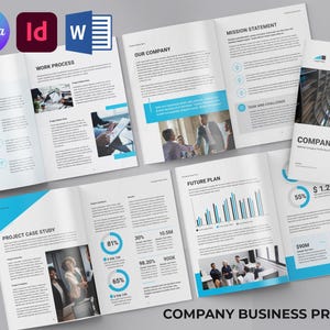 May include: A company business profile brochure with a white background and blue accents. The brochure includes text, charts, and images. Software icons for Canva, Adobe InDesign, and Microsoft Word are in the upper left corner.