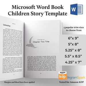 Op de afbeelding: Een Microsoft Word boek sjabloon voor kinder verhalen, met een dubbele pagina met voorbeeldtekst en een lijst van vijf populaire formaten: 15.24cm x 22.86cm, 12.7cm x 20.32cm, 13.34cm x 20.32cm, 13.97cm x 21.59cm en 10.8cm x 17.78cm.