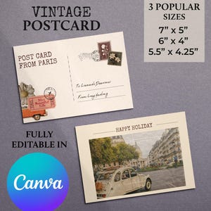 Plantilla editable de Canva para postal vintage / Postal de viaje imprimible / Diseño de postal retro / Tarjeta de vacaciones antigua para hacer tú mismo / Descarga digital