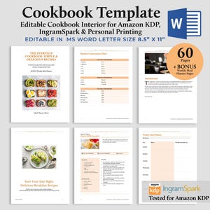 Puede incluir: Una plantilla de libro de cocina con el título "Cookbook Template" y el texto "Editable Cookbook Interior for Amazon KDP, IngramSpark & Personal Printing". La plantilla es editable en MS Word, tamaño carta 21,6 cm x 27,9 cm. Incluye páginas de recetas y un planificador semanal de comidas.