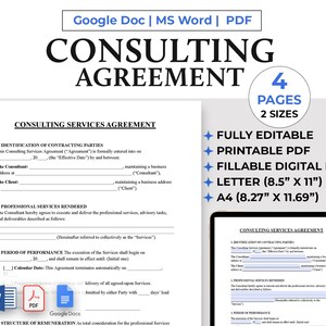 Könnte beinhalten: Eine digitale Vorlage für einen Beratungsvertrag in Google Docs, MS Word und PDF. Das Dokument trägt den Titel "CONSULTING AGREEMENT" und bietet Formate in Letter (21.6cm x 27.9cm) und A4 (21cm x 29.7cm). Vollständig bearbeitbar, druckbar und ausfüllbar.