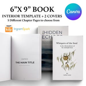 以下が含まれることがあります： 「6" X 9" BOOK」と「INTERIOR TEMPLATE + 2 COVERS」のテキストが入った書籍テンプレート。開いた本には章のページが表示されています。「Whispers of the Soul」というタイトルの表紙が2冊見えます。Canvaのロゴが右上に見えます。