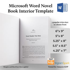 Pode incluir: Um modelo de interior de livro do Microsoft Word com o texto "Microsoft Word Novel Book Interior Template" e um logotipo do Microsoft Word. A imagem mostra um interior de livro com texto e uma lista de 5 tamanhos de corte populares: 15,24 cm x 22,86 cm, 12,7 cm x 20,32 cm, 13,34 cm x 20,32 cm, 13,97 cm x 21,59 cm e 10,8 cm x 17,78 cm.