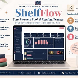 Könnte beinhalten: Ein Laptop mit dem ShelfFlow Dashboard zur Buch- und Leseverfolgung. Der Bildschirm zeigt Lesestatistiken, einen Kalender und Buchlisten. Um den Laptop herum befinden sich Symbole für Funktionen wie Goodreads CSV-Import, Lesetagebücher und Zielverfolgung, sowie ein Stapel aus drei Büchern und eine weiße Tasse mit Text.