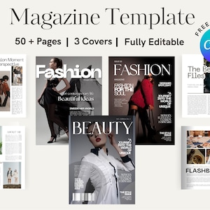 Op de afbeelding: Een digitaal tijdschrift-sjabloon met meer dan 50 pagina's en 3 covers, volledig bewerkbaar in Canva. De lay-out toont diverse mode- en beauty-redactionele spreads met fotografie, koppen en platte tekst, wat een professioneel ontwerp laat zien.