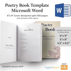 Peut inclure: Un modèle de livre de poésie pour Microsoft Word, avec une couverture de 15,24 cm x 22,86 cm conçue pour un maximum de 100 pages, avec une mise en page Amazon KDP. L'image montre un livre ouvert avec le titre "Open Skies" et un livre fermé intitulé "Poetry Book".