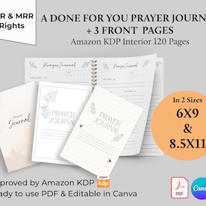 May include: A prayer journal with the text "Prayer Journal" on the cover and interior pages. The journal is available in two sizes: 6x9 inches and 8.5x11 inches. The journal is ready to use in PDF format and is editable in Canva.
