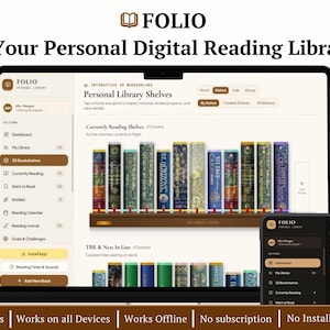 Könnte beinhalten: Eine digitale Benutzeroberfläche für die persönliche Lese-Bibliothek Folio, dargestellt auf einem Laptop- und Smartphone-Bildschirm. Die Software bietet ein Dashboard, 3D-Bücherregale mit bunten Buchrücken sowie Leseziele und Fortschritts-Tools.