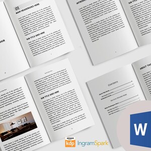 May include: Several open books with black text on white pages are arranged on a white surface. The text includes headings and body text, with the words "MAIN HEADERGOES HERE" and "SECTION HEADER HERE" visible. A Microsoft Word logo and the Amazon KDP and IngramSpark logos are also present.