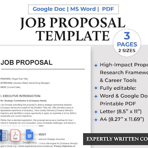 Puede incluir: Una plantilla de propuesta de trabajo titulada "JOB PROPOSAL TEMPLATE" en negrita. La plantilla incluye secciones para el puesto, la atención y la fecha. Disponible en formatos Word, Google Docs y PDF, con tamaños Carta (21,59cm x 27,94cm) y A4 (21cm x 29,7cm).